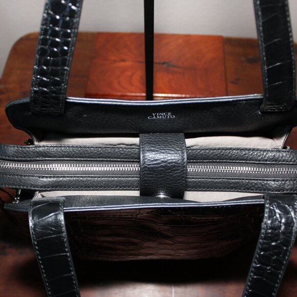 Vince Camuto Womens Black North South Tal Croc Embossed Leather Tote Bag Purse - Picture 4 of 12